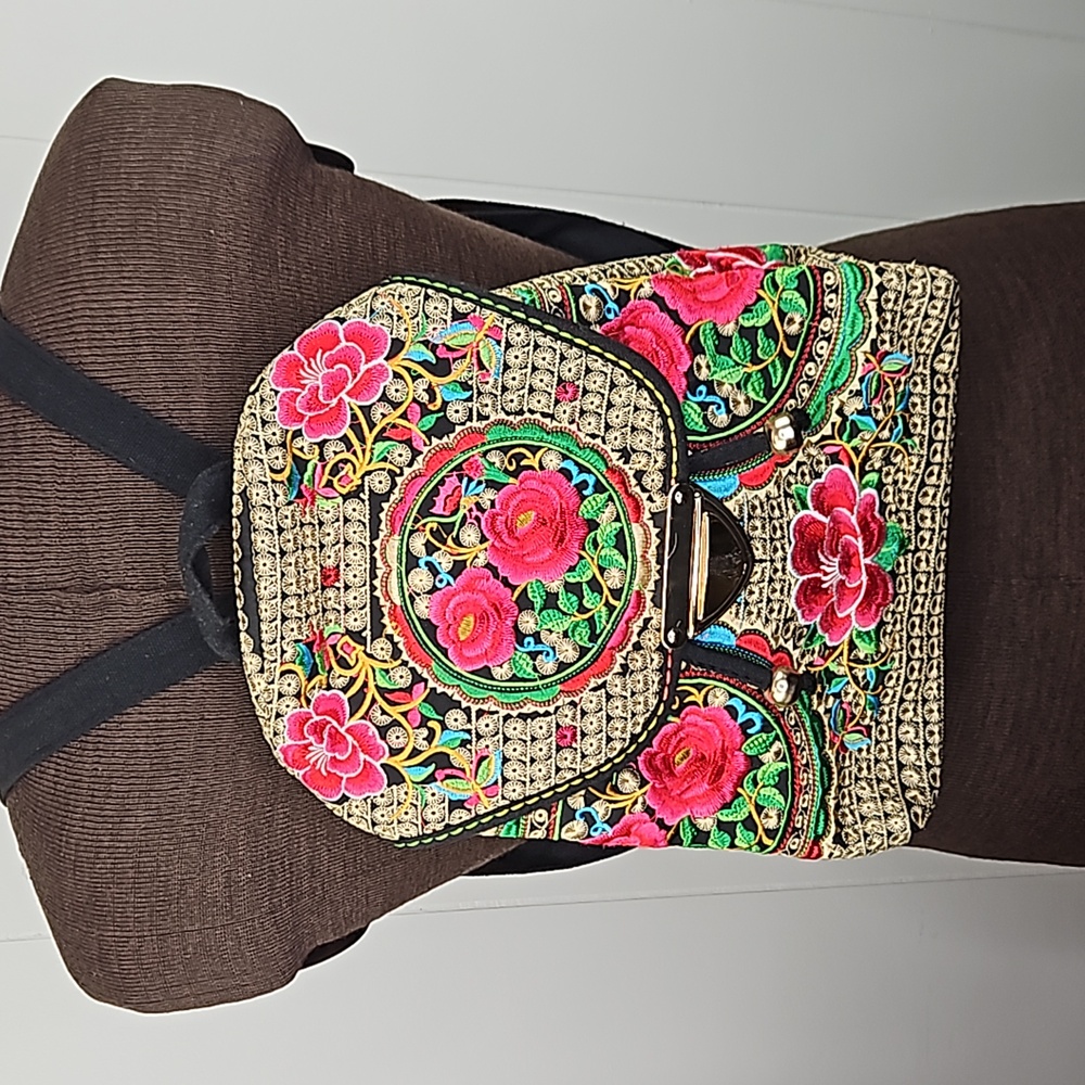 Beautiful embroidered backpack bag florals colourful vintage Schoolbag carryon